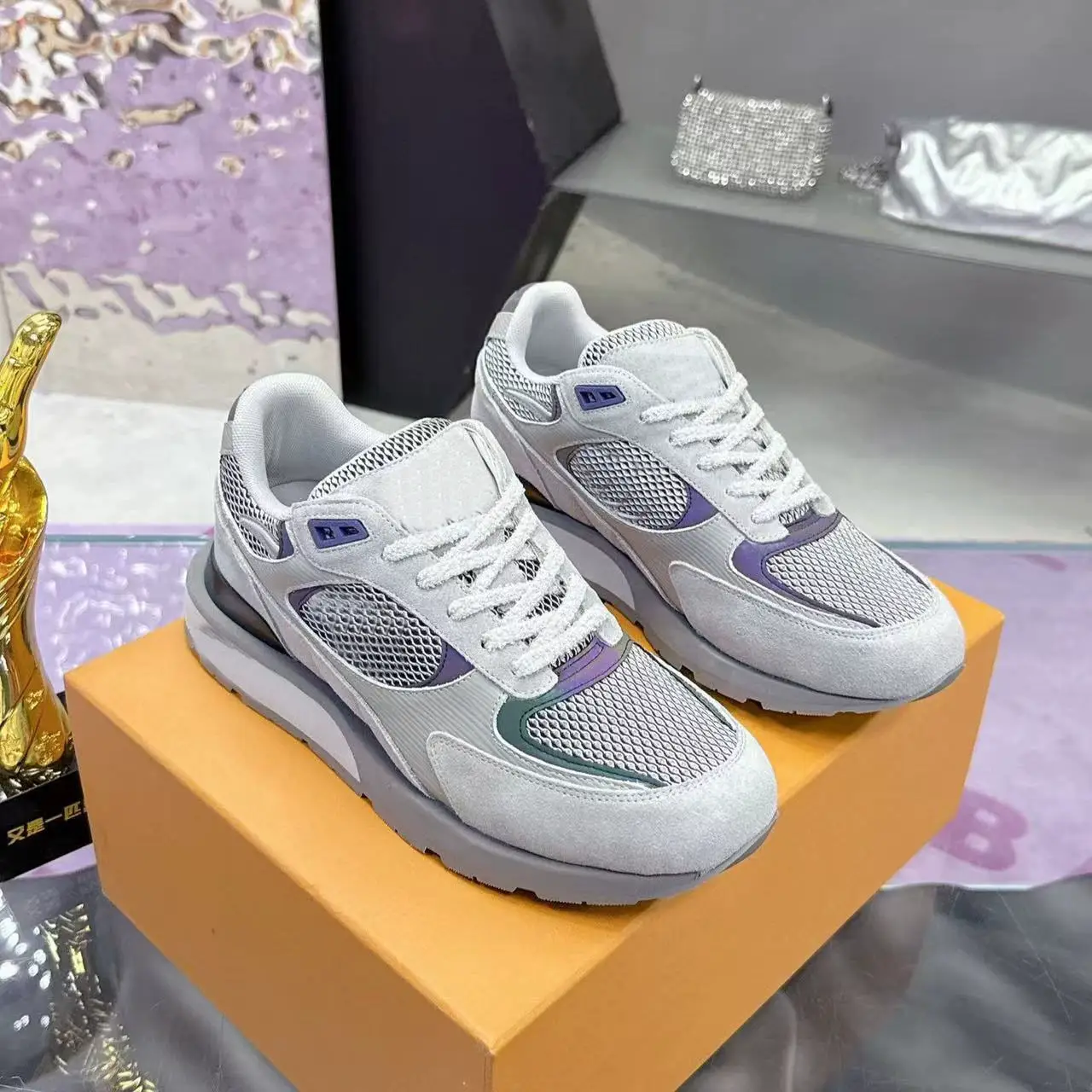 In-Stock Cross-Border Foreign Trade Lujia High Version Pure Original Thick-Soled Printed Mesh Breathable Sports Shoes Color-Blocking Versatile Men's Shoes
