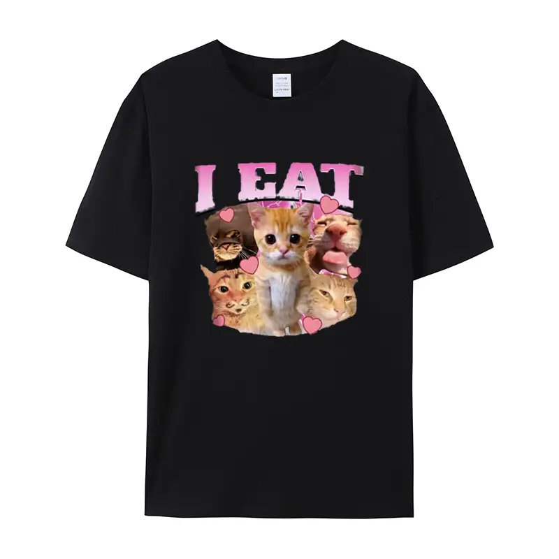 I Eat Fun El Gato Meme Sad Crying Cat Round Neck T-Shirt for Men and Women Loose and Versatile Short Sleeves