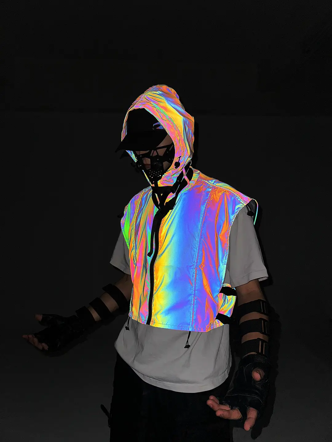 Functional Wind Colorful Reflective Hooded Vest European and American Cross-border Short Workwear Vest Loose Casual Jacket Men's Wear