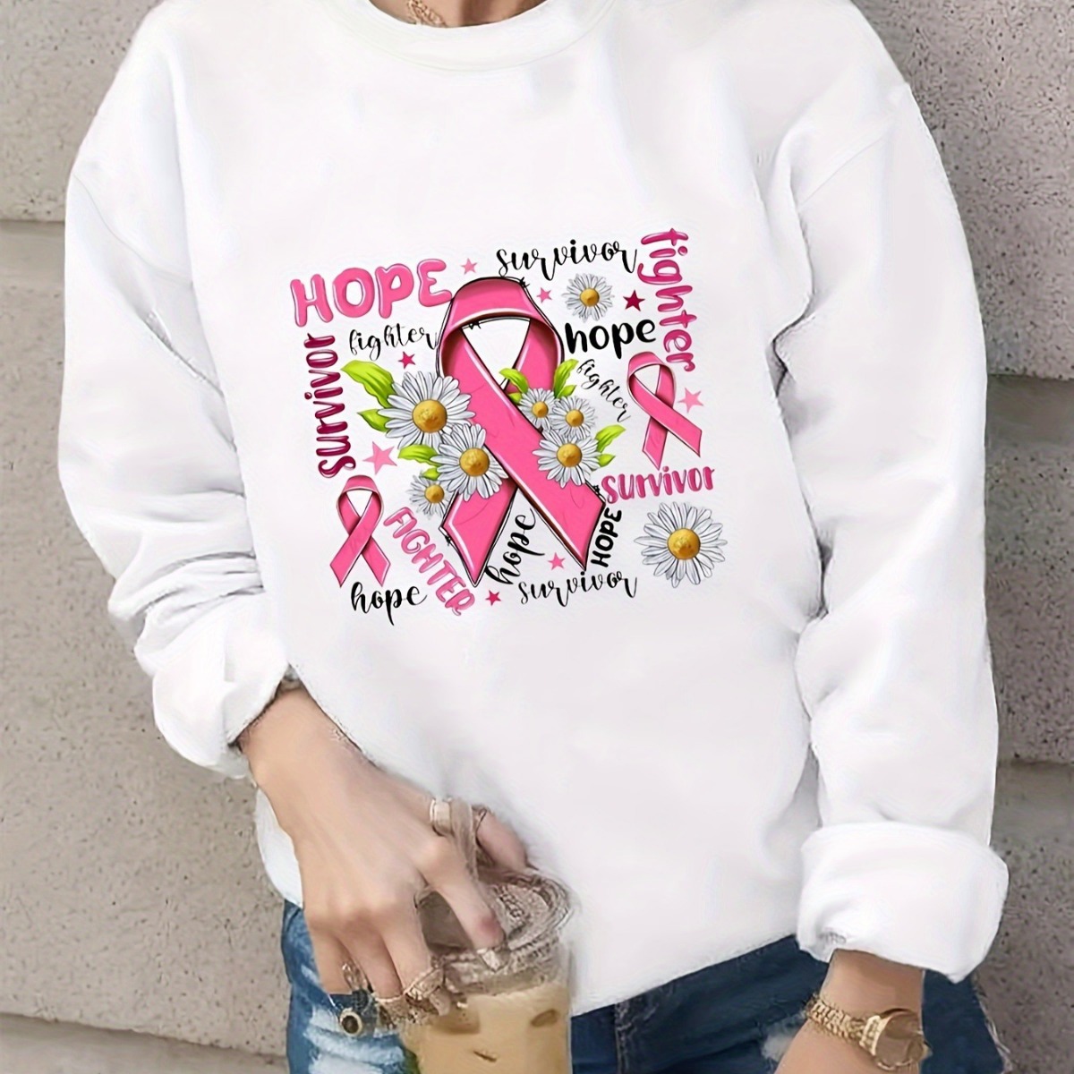 European and American cross-border 2024 spring and autumn TEMU Amazon new pink ribbon printed casual loose long-sleeved sweater for women