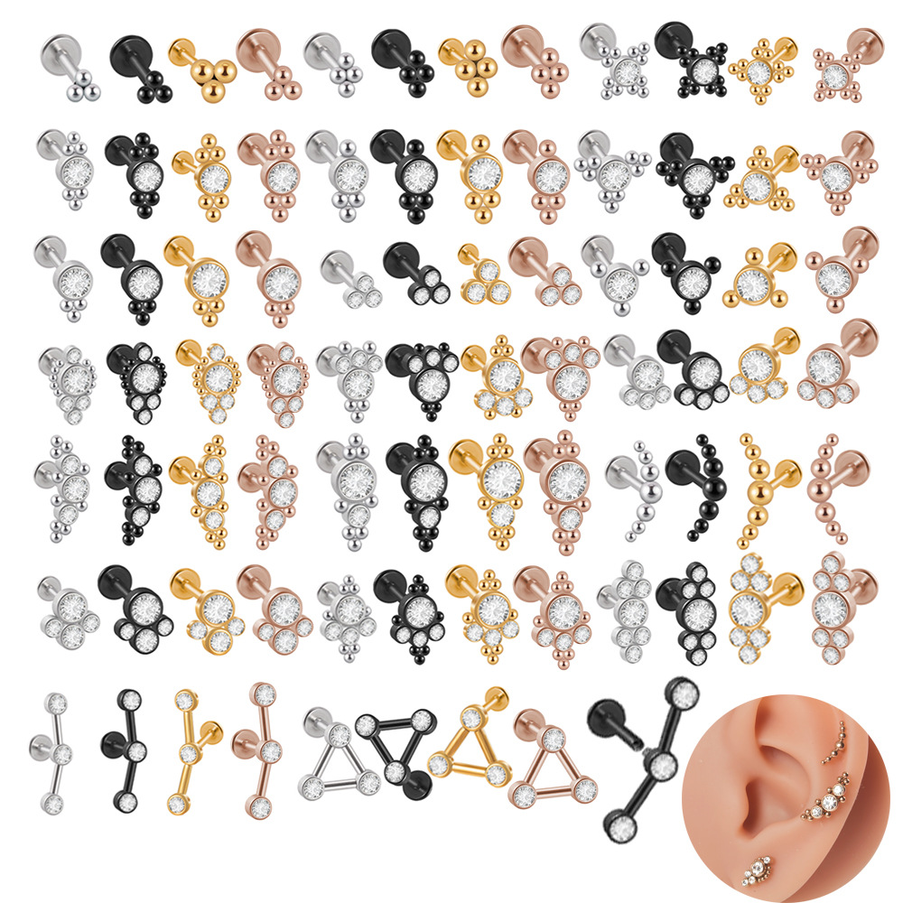 Cross-border stainless steel multi-color electroplating 16g internal teeth T-shaped white diamond cylindrical lip ring multi-ball earrings bear paw earrings