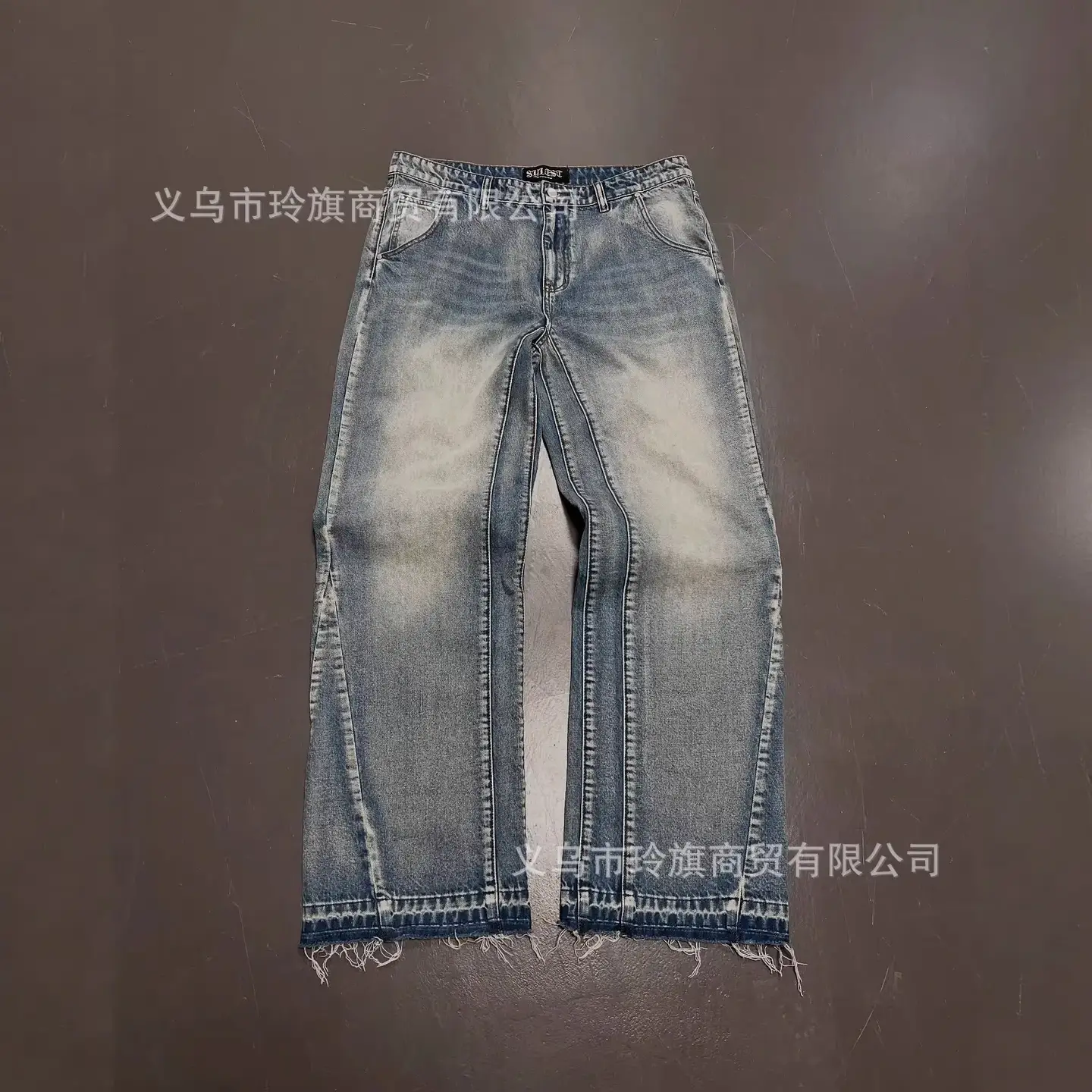 跨境美式水洗做旧牛仔裤复古高街拼接设计感毛边宽松阔腿直筒长裤