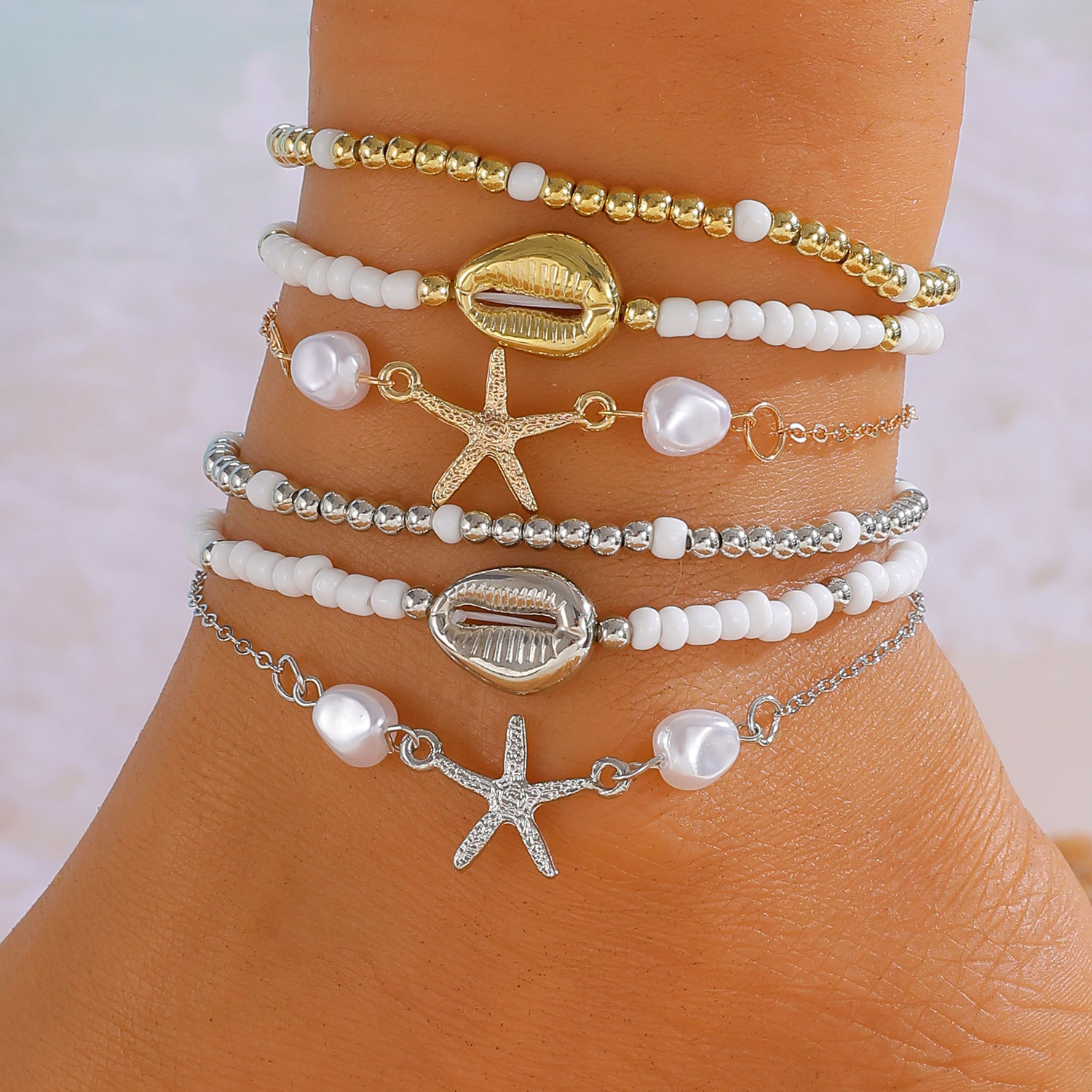 Leisure vacation wind starfish shell rhinestone chain anklet beach sweet cross-border hot selling foot jewelry wholesale