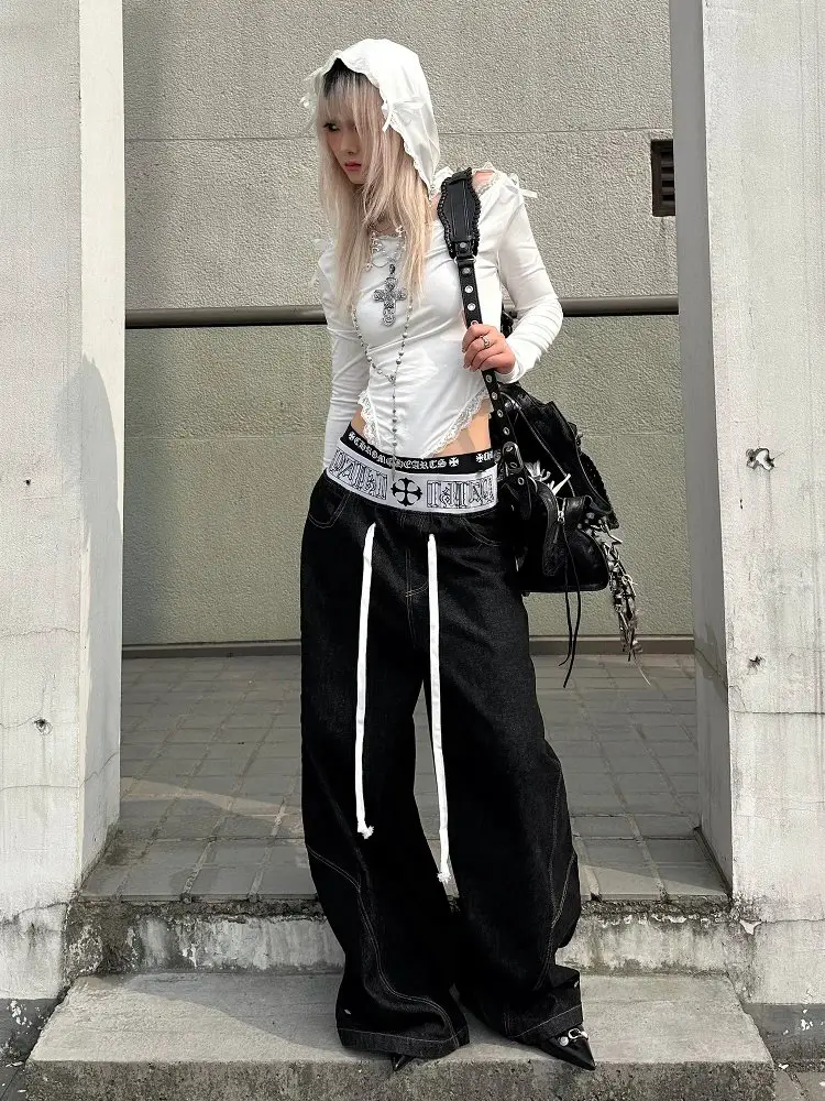 PaikiBoxingVelvetScimitarJeansStereoTailoring2025SsCasualLooseBaggyVersatileWideLegPants