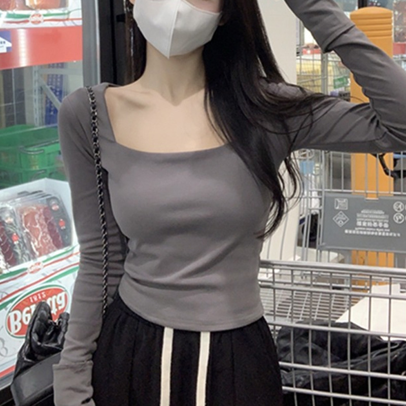 Square collar long sleeve T-shirt women's spring and autumn pure wind sweet hot girl short dew navel top with base shirt wholesale