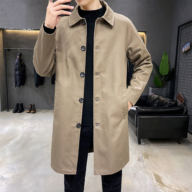 Mid-length windbreaker men's spring and autumn new lapel casual coat Korean-style loose business ruffian handsome thin plus size