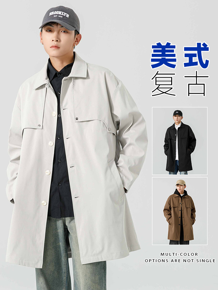 Spring and Autumn Men's Mid-Length British Style Trench Coat, Men's Casual Korean Style Loose Fashion Versatile Coat Jacket