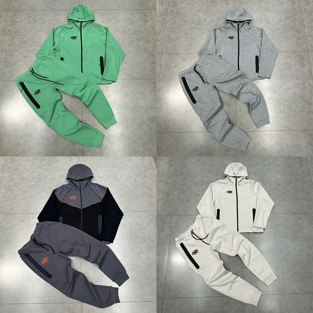 syna American Drill Casual Suit Embroidered Letter LOGO Padded Hooded Cardigan Sweatshirt Jacket Long Pants for Men