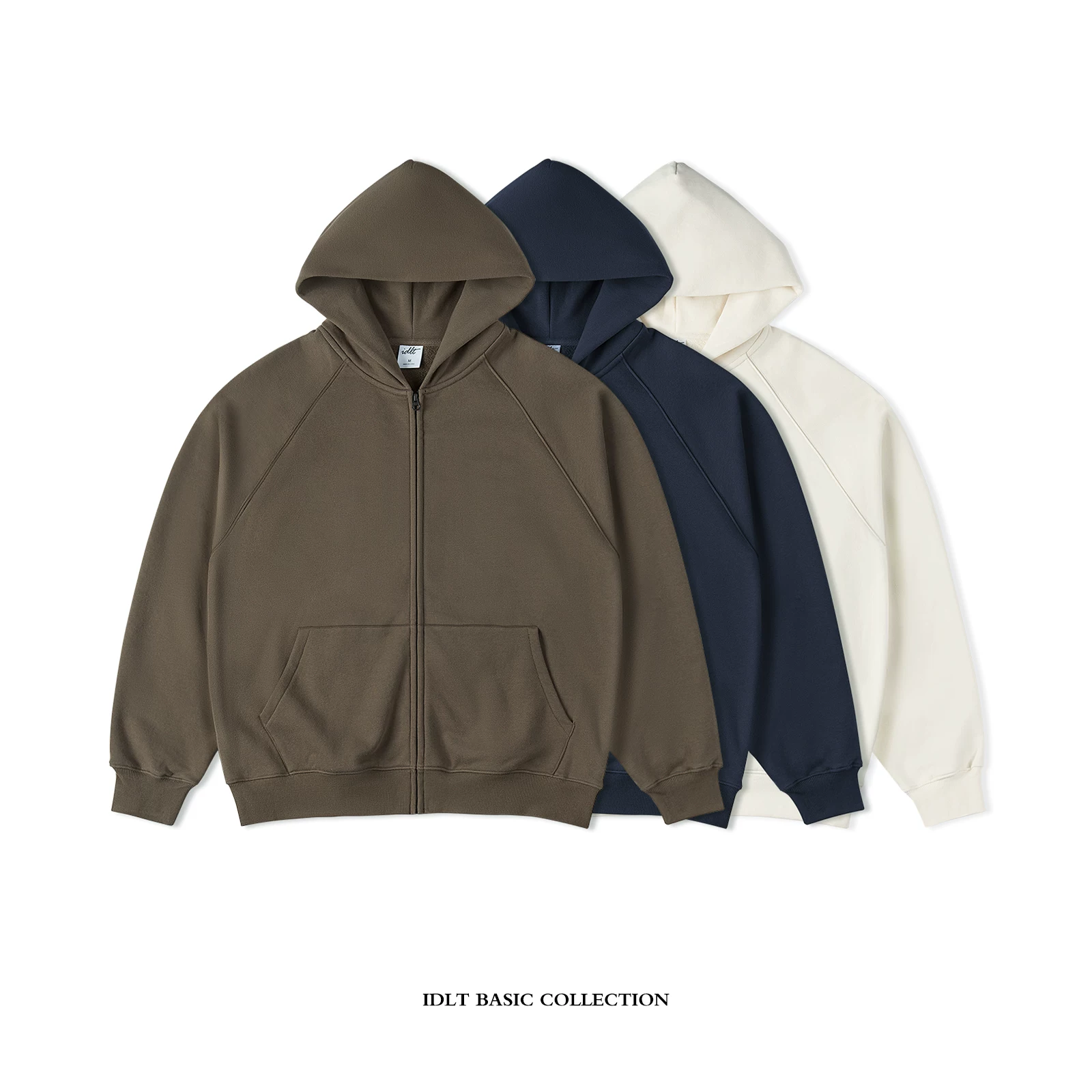 Idlt Fleece-Lined Oversized Zip-Up Hoodie, Raglan Sleeve Sweatshirt, Coffee Color, Simple, Loose, High Street, Versatile, ins Trend