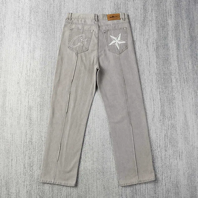 American-Style Embroidered Star Star Light Blue Jeans Loose Fit Unisex Couple High Street Versatile Straight Long Pants Trendy