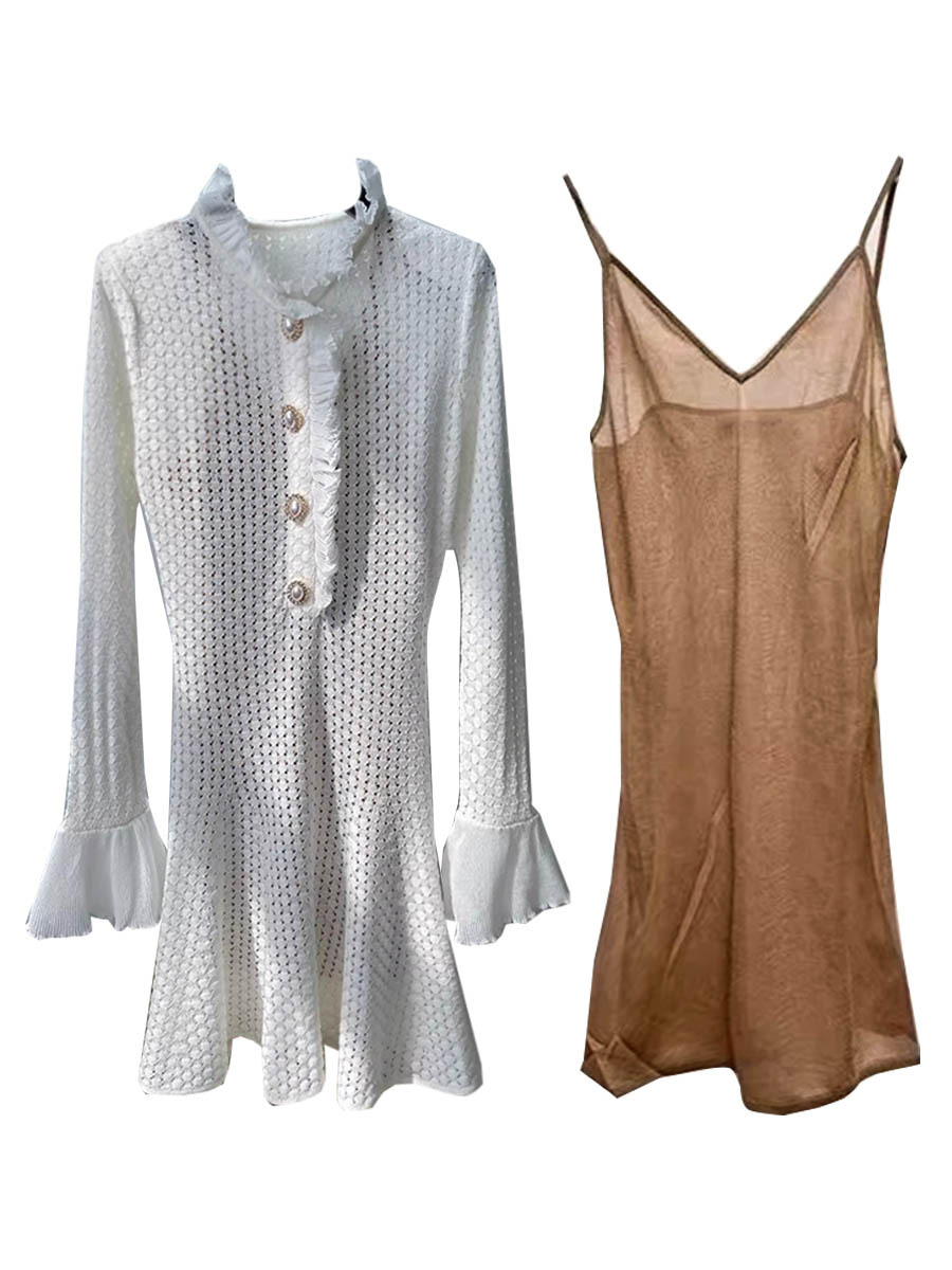 Sp2026 Spring French-Style Elegant Pearl Buttoned Chanel-Style Ruffled Bell-Sleeve Dress