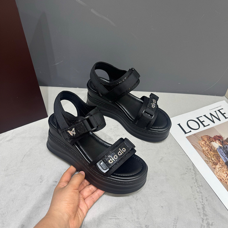 Thick-Soled Wedge Sandals with Velcro and Rhinestones for Women, 2026 Summer New Style, Comfortable and Versatile, Popular with Skirts, Beach Shoes