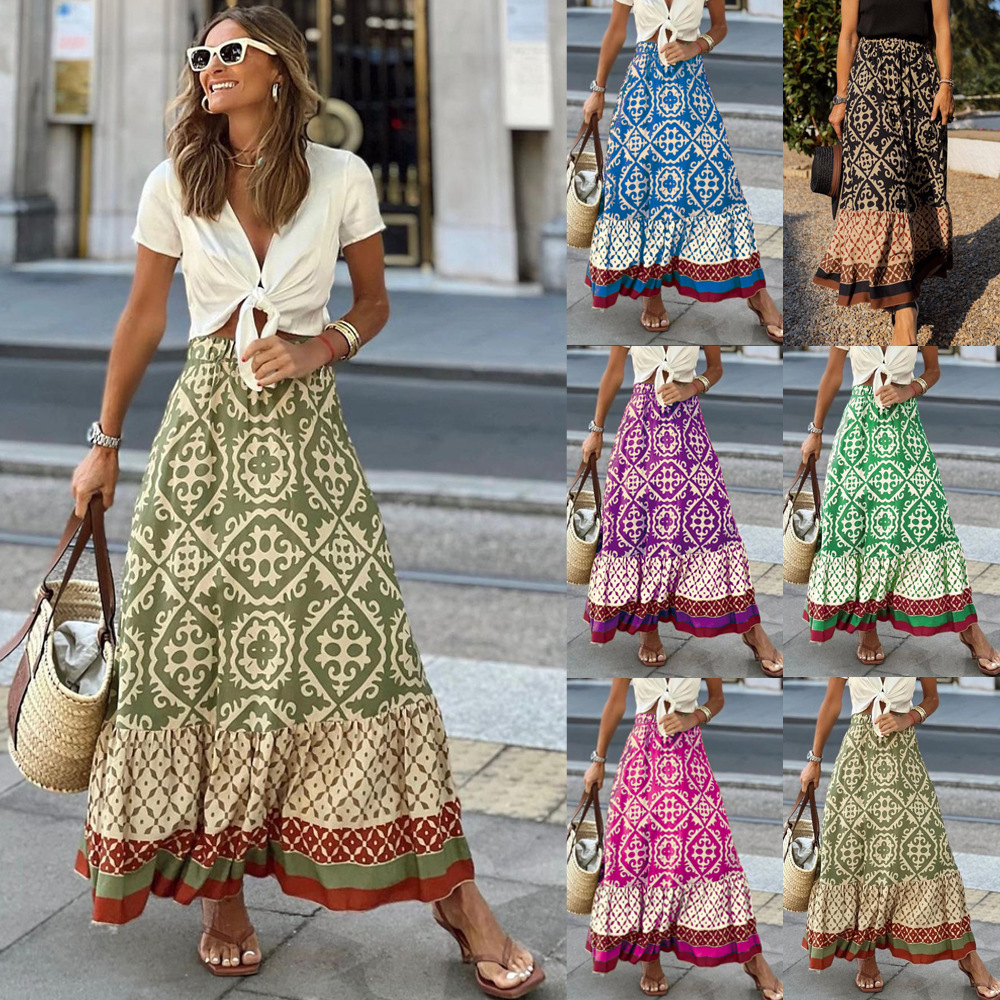 European and American Foreign Trade Skirt 2024 Amazon Independent Station Summer New Printed Loose Stitching Large Swing Skirt for Women