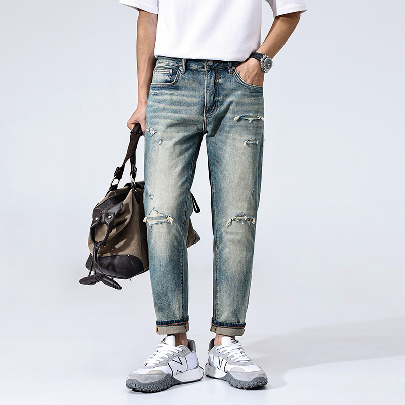 Vintage Ripped Patchwork Jeans for Men, Spring/Summer American High Street Fashion, Slim Straight Cropped Pants with Slight Stretch