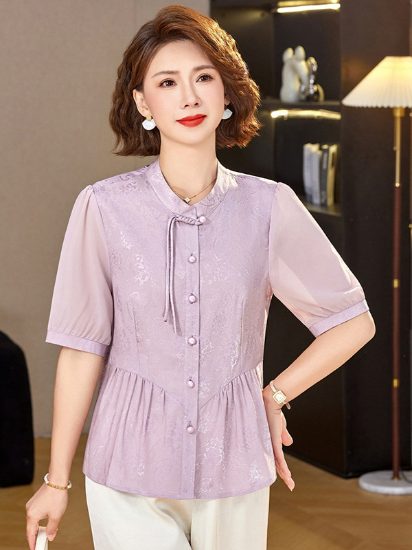 High-End Short-Sleeve Blouse for Moms, 2026 Summer New Style, Middle-Aged Women's Silk Satin Jacquard Tummy-Covering Top