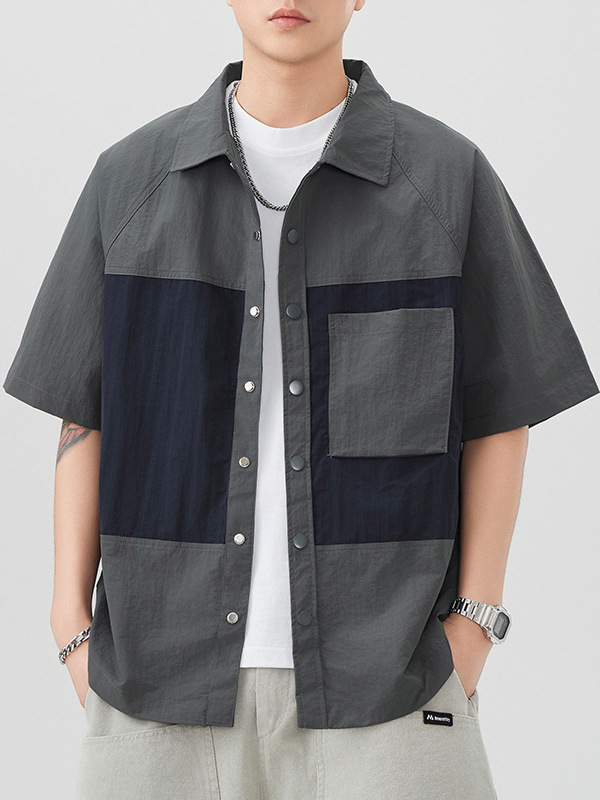 Mingge | Summer New Color-Blocked Lapel Short-Sleeved Shirt for Men, Trendy Loose Casual Quick-Drying Work Shirt for Men