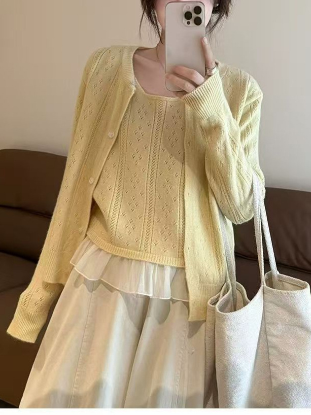 Knitted Sweater Tops Early Autumn Korean Style Outfit Sweater Cardigan and Camisole Two-Piece Set for Women 2026 New Fashion Set
