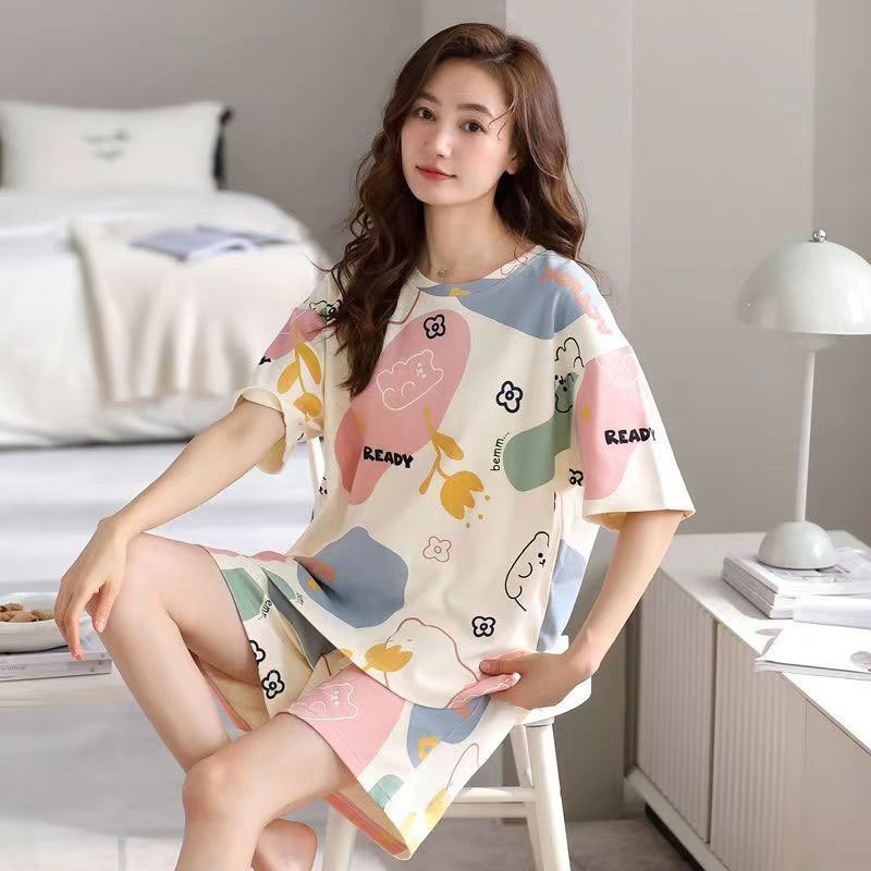 [Flower Bear] Women's Summer Pajamas, Imitation Cotton Short-Sleeved Shorts, Sweet and Cute Style, Casual Loose-Fitting Home Wear Set