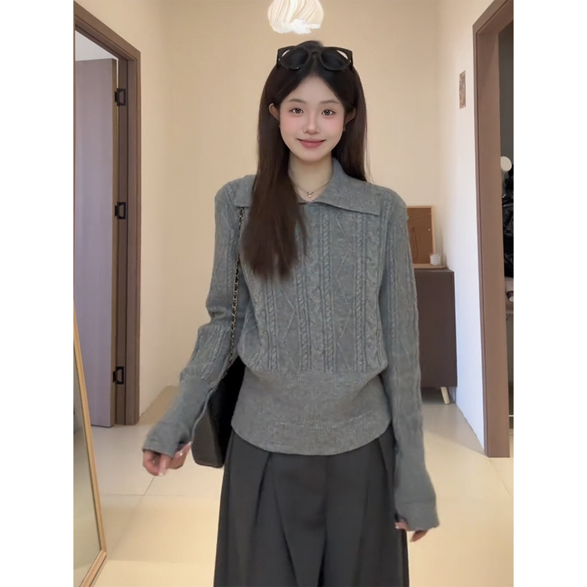 High-End Old Money Style Polo Collar Knit Sweater, Vintage Versatile Sweater, Autumn and Winter Cable Knit Long-Sleeve Base Shirt for Women