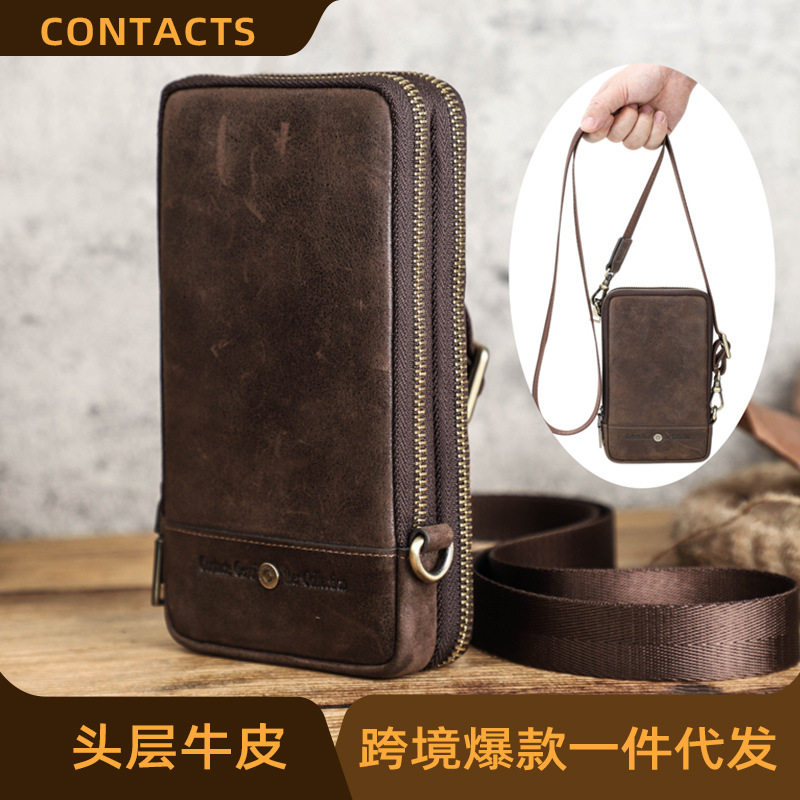 Black Angel European and American Trendy Ebay Source Men's Crossbody Bag Crazy Horse Cowhide Men's Mobile Phone Waist Bag Cross-Border Dropshipping