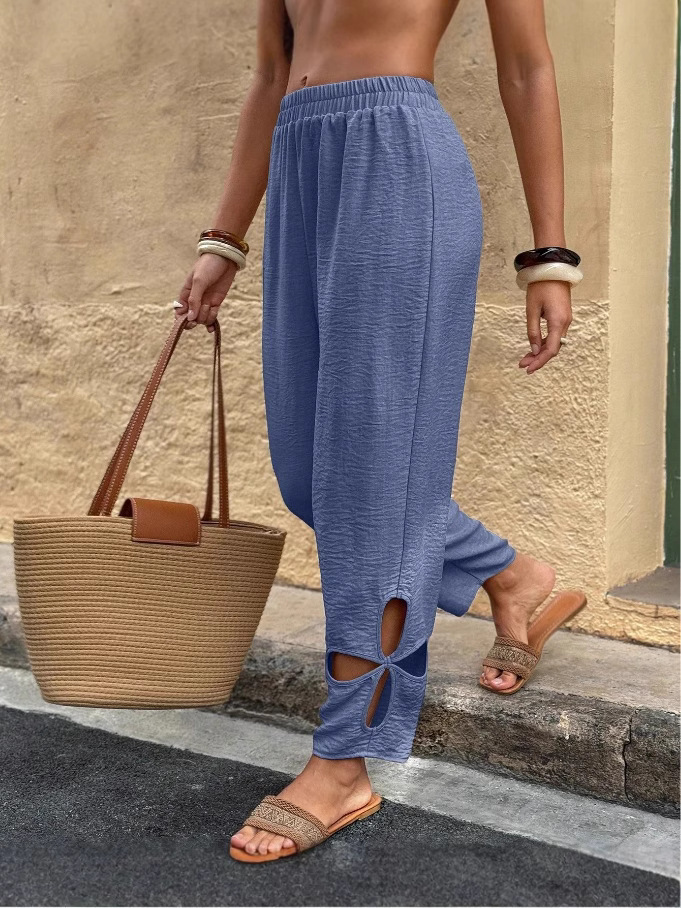 2025 European and American Cross-Border Independent Station Pure Color Fashionable Casual Daily Side Pocket Cut Out Full Length Comfortable Women's Pants
