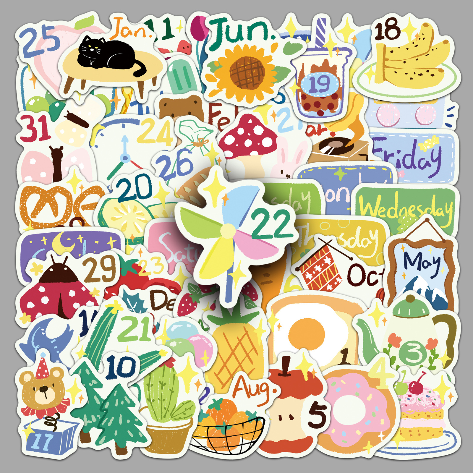 50 Cartoon Stickers for Daily Diary, Cute Weekly Date Record, Decorative Water Cup, Diary, Guka Sticker