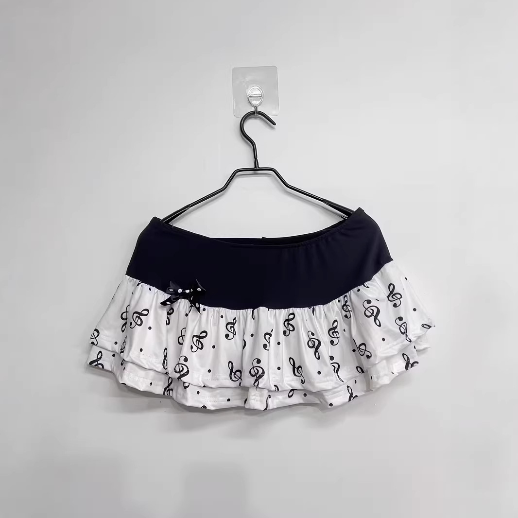European and American Cross-Border Musical Note Print College-Style Low-Waist Black and White Contrast Sexy Y2K Fashion Skirt for Women
