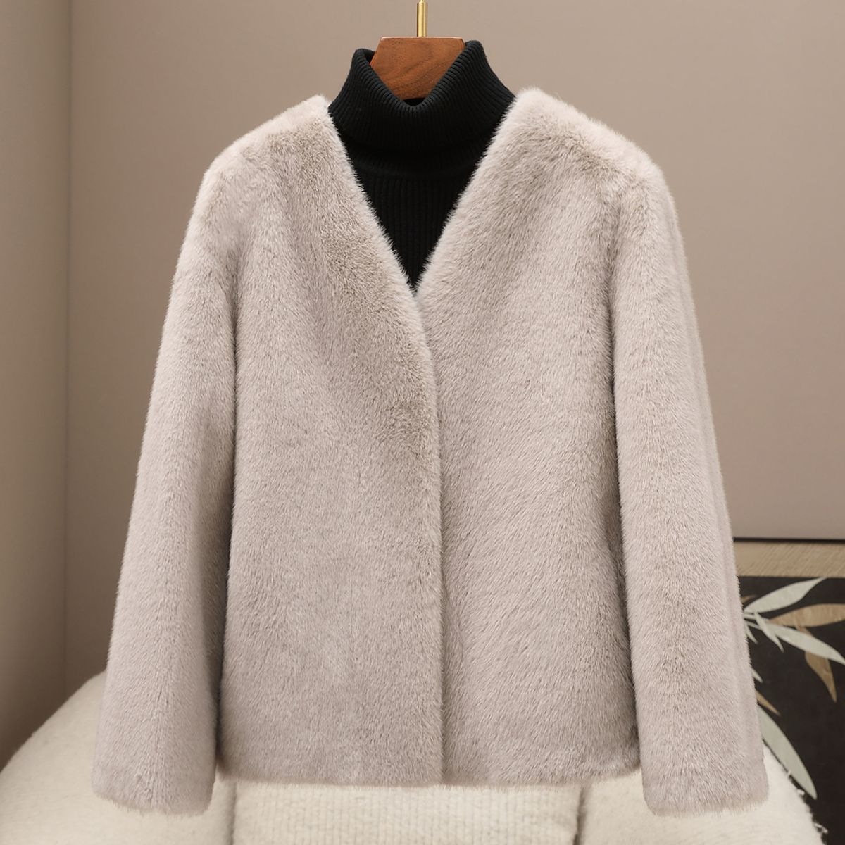 Small Quantity Clothing 2026 Haining New Gold Mink Velvet Jacket Spring V-Neck Faux Mink Eco-Friendly Warm Coat for Women