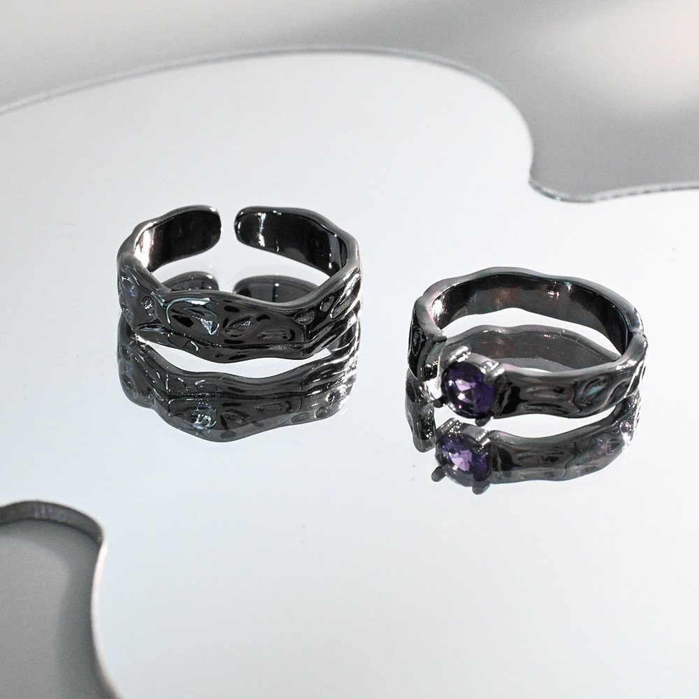 Vintage Stacked Ring Women's Trendy Cool Dark Black Black Purple Diamond Finger Ring Men's Distinctive Irregular Texture Ring