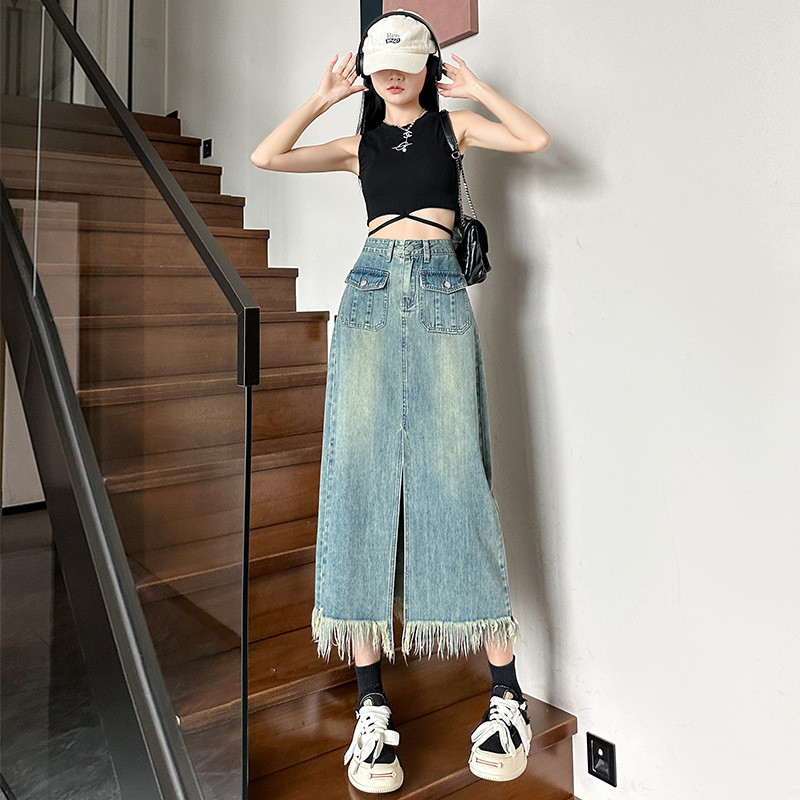 Denim Skirt Women's Summer High Waist Hip Skirt 2025 New Retro Straight Loose Casual Mid-Length Skirt