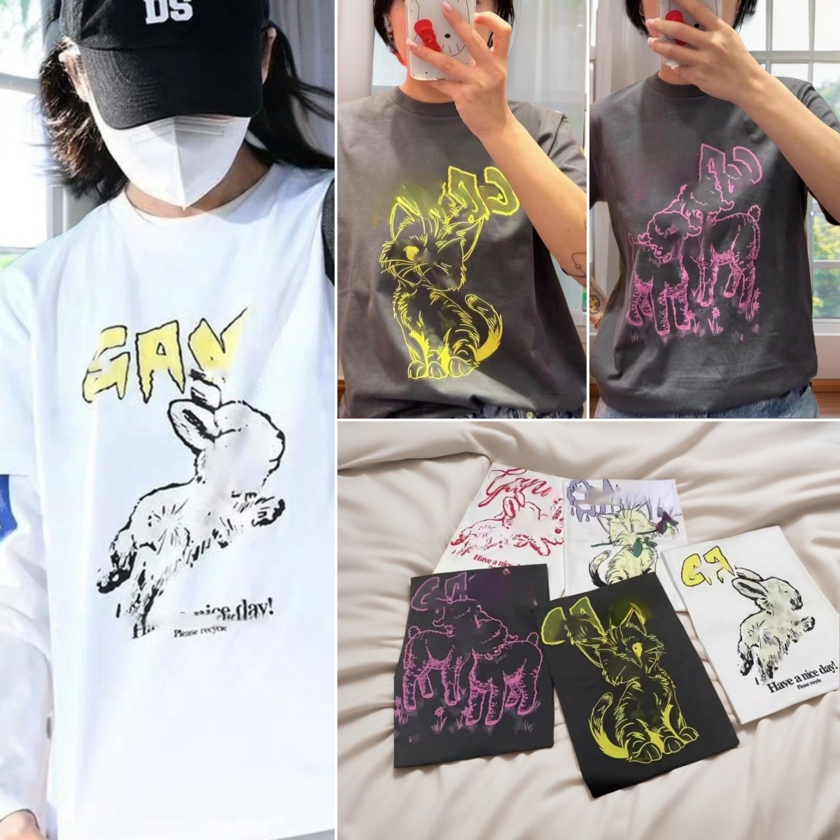 Iu's Same 24Ss Niche Letter Rabbit Sheep Cat Print Round Neck Loose Cotton Short-Sleeved T-Shirt Top