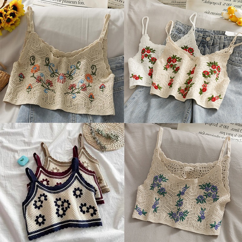 Internet Celebrity Embroidered Knitted Camisole Women's Summer New Slim-fit Loose Short Base Shirt Top for Outer Wear