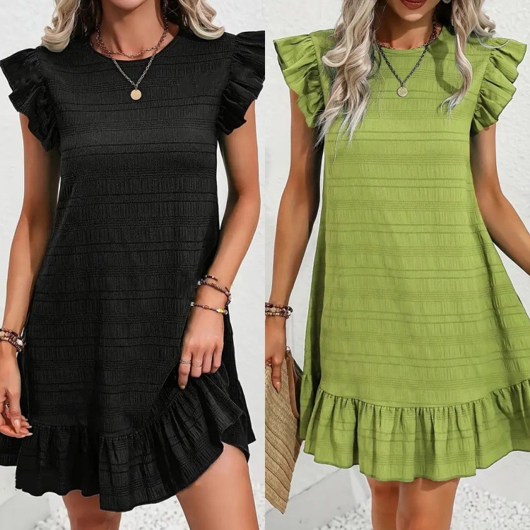Amazon 2025 Summer New Cross-border Hot Selling European and American plus size Temperament Solid Color Ruffled Sleeveless Women's dress