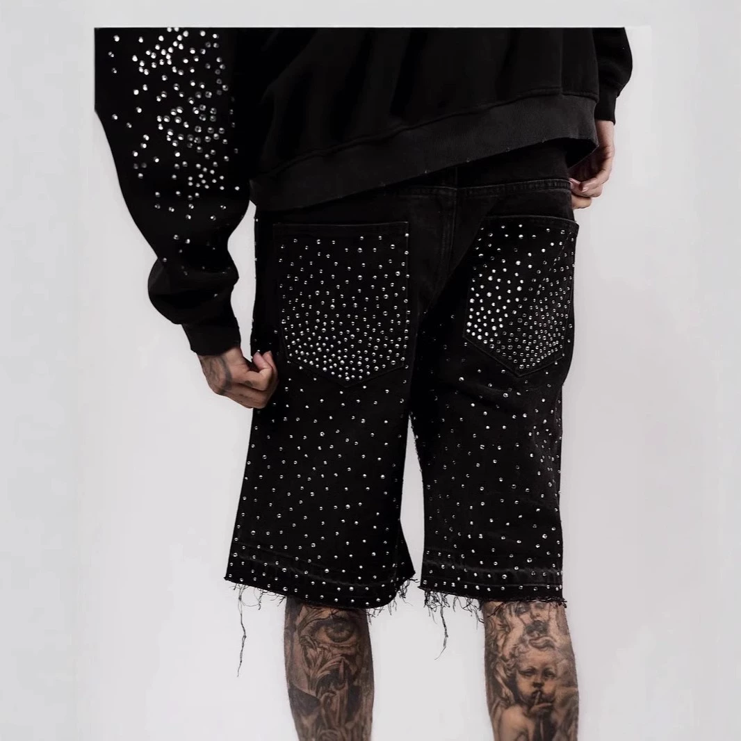 European and American Cross-Border Hip-Hop Cross-Shaped Straight-Leg Rhinestone Five-Point Denim Shorts for Men, High Street Design, Loose Mid-Length Pants, Trendy