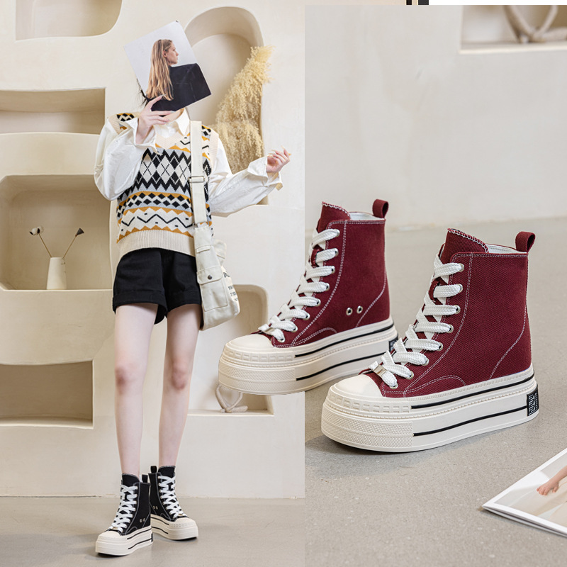 Canvas Shoes for Women 2026 Spring and Autumn New Style Flat Ultra-Invisible Hidden Height Increase Casual Solid Color Lace-Up Rubber Non-Slip Women's Shoes