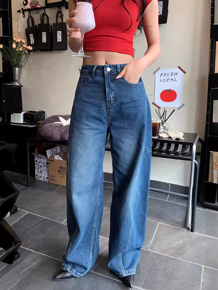 Versatile slimming fashionable pioneer light deconstruction split tangent loose curved cocoon jeans women's banana pants 4001