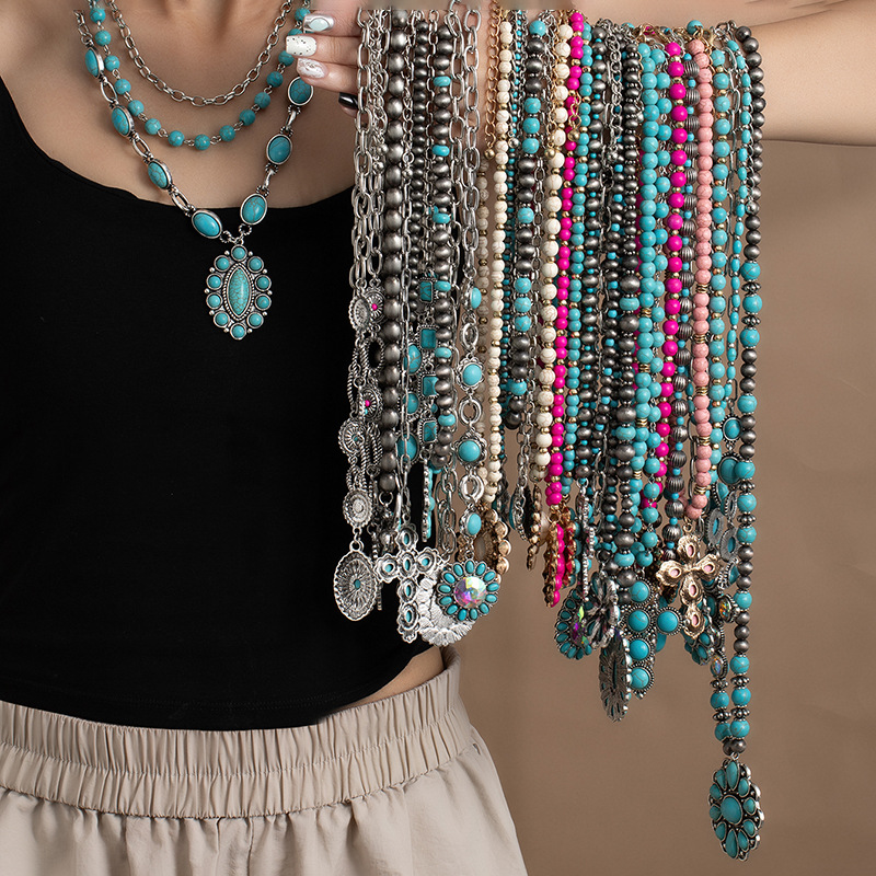 Retro Ethnic Style Turquoise Necklace, Western Cowboy Style Stacked Necklaces, High-End Bohemian Sweater Chain