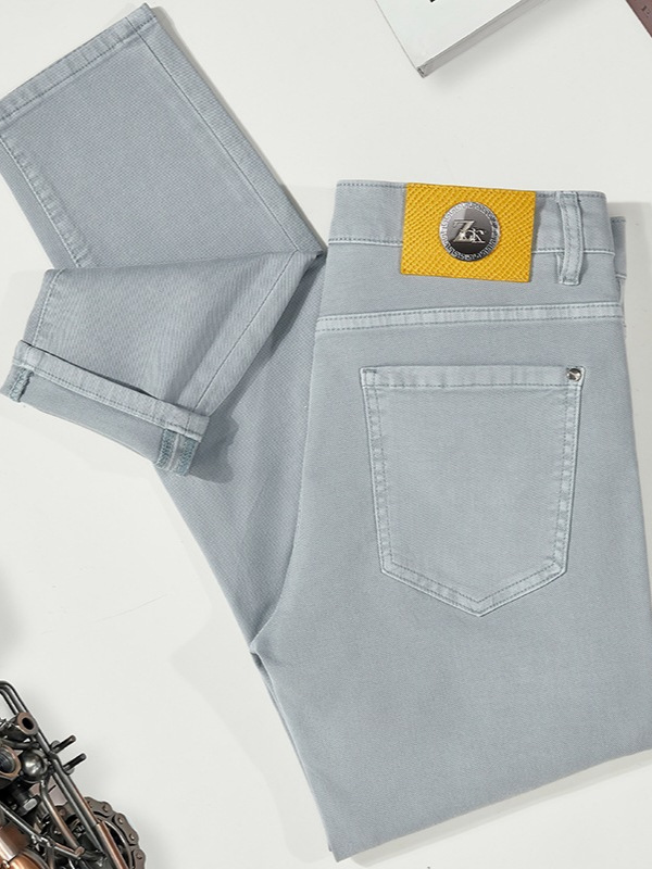 2026 New European High-End Light Luxury Gray Cropped Jeans for Men, Slim Straight Fit, Stretchy Casual Pants