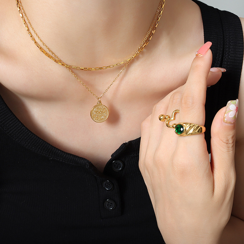 Light Luxury Style Coin Design Double-Layer Round Pendant Necklace for Women Titanium Steel P654 Niche Light Luxury Necklace