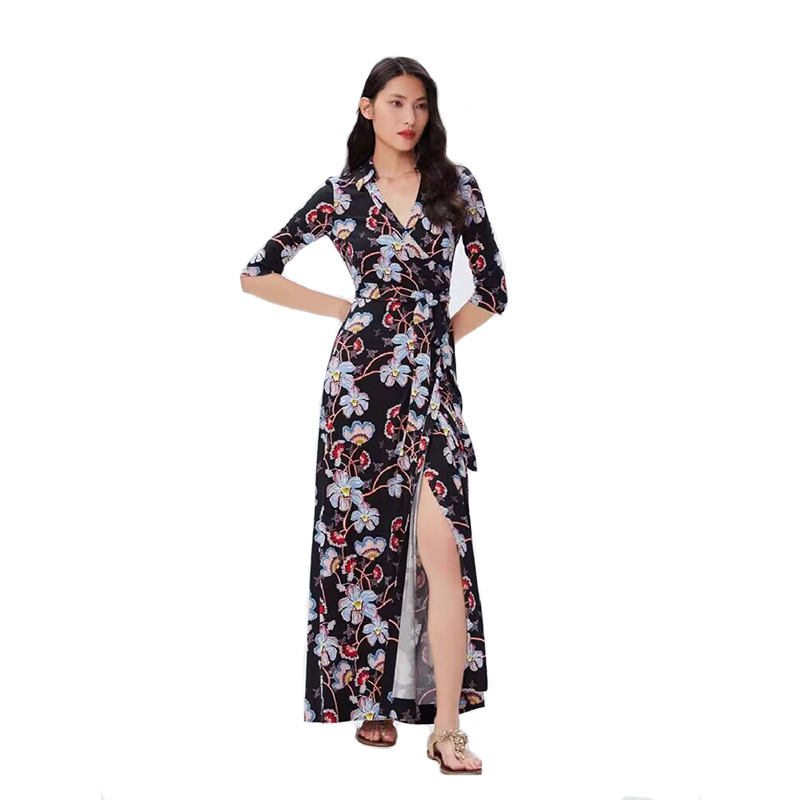 Women's Skirt 2024 Spring/Summer New Lily Flower Lapel Wrap Chest Knitted Stretch Slim Fit Belted Dress