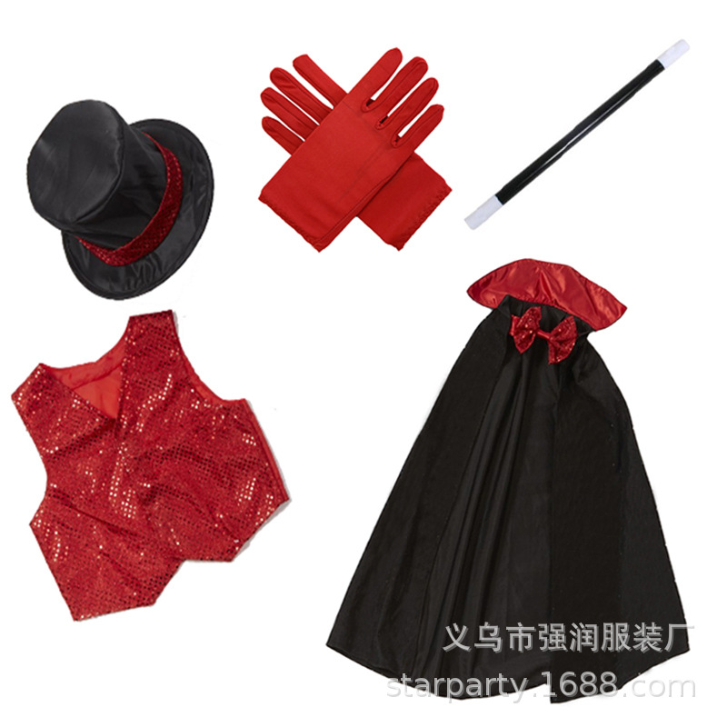 Magician Dress up Suit Black Magician High Hat Magician Cloak Gloves Magic Cane