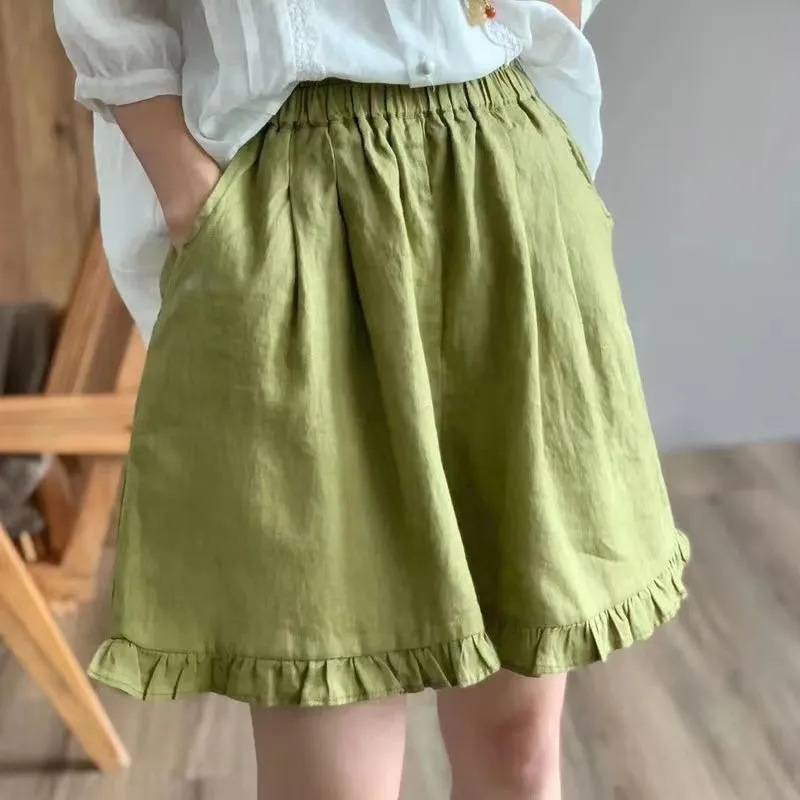 2026 Summer New Cotton and Linen Shorts for Women, Retro Heavy-Duty Ruffled Edge Tie Elastic Waist Wide-Leg Casual Shorts