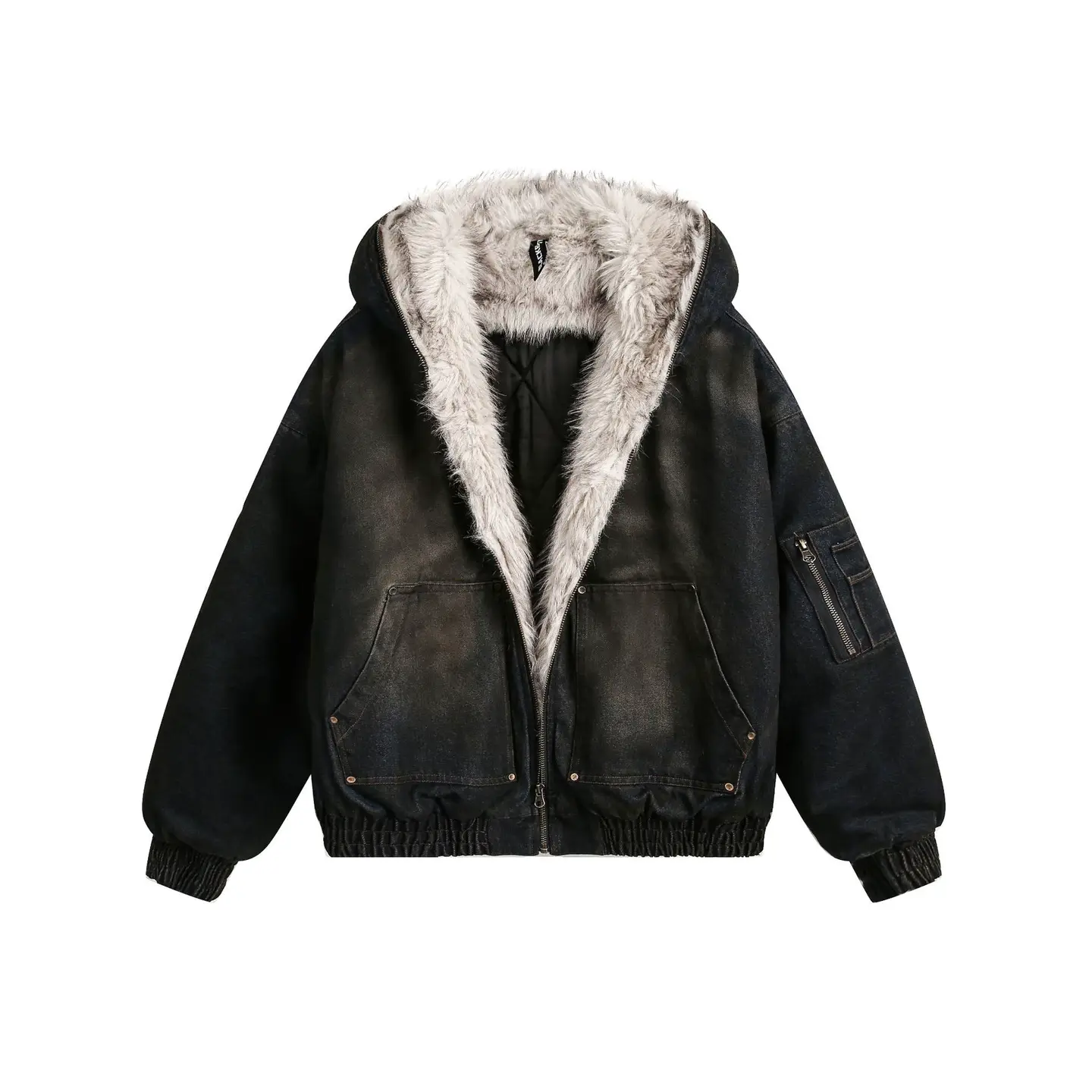 Jiayi Library Men's 2024 New Winter Washed Denim cotton-padded jacket and Velvet Jacket American Street Waste Soil Wind Cotton Clothes