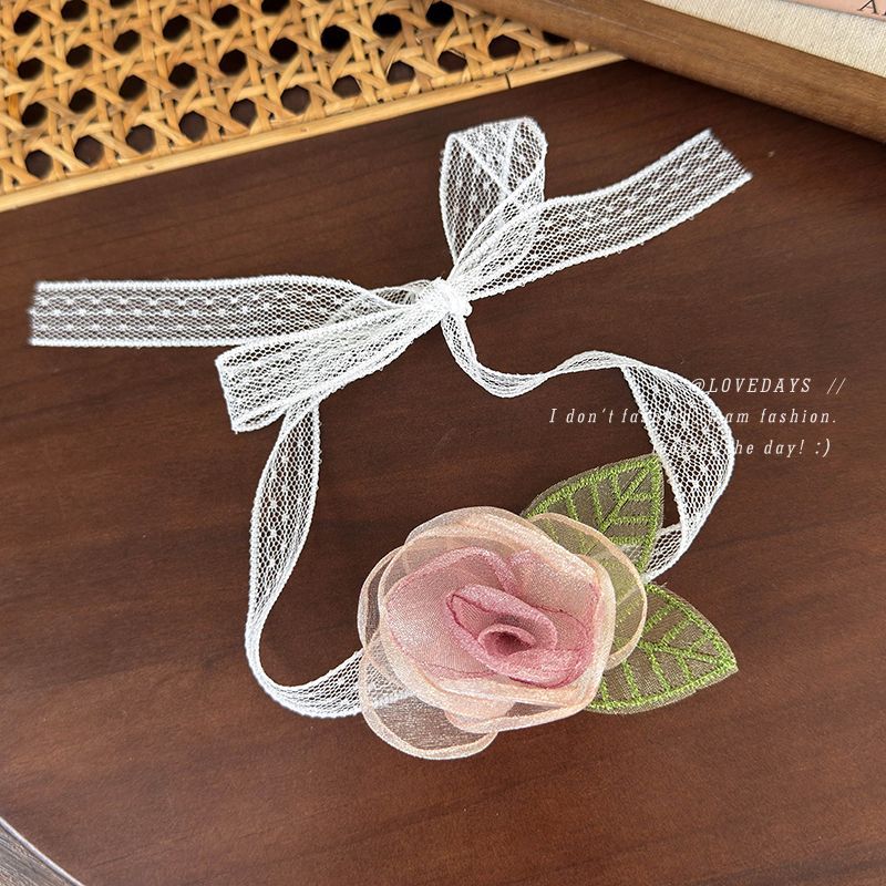 New product mesh gradient dry rose lace choker French ribbon flower fairy wrist flower necklace