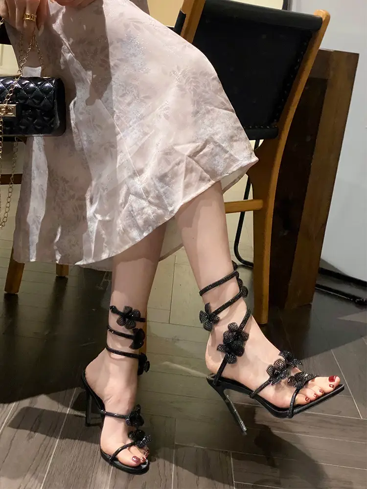 Linnea Sandals Women 2025 Summer New arrival Rhinestone Flower Snake Wrap Socialite sexy Open Toe High Heels