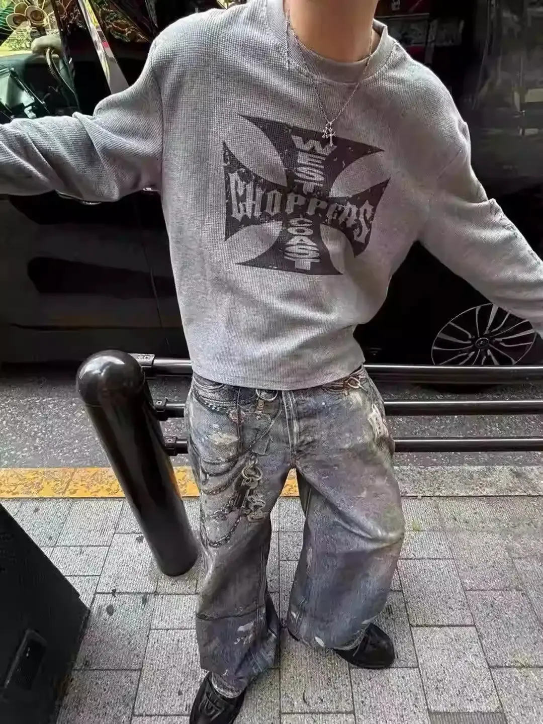 ERD Style Vintage American Casual Gray Waffle Knit Sanskrit Boxy Long Sleeve Hoodie