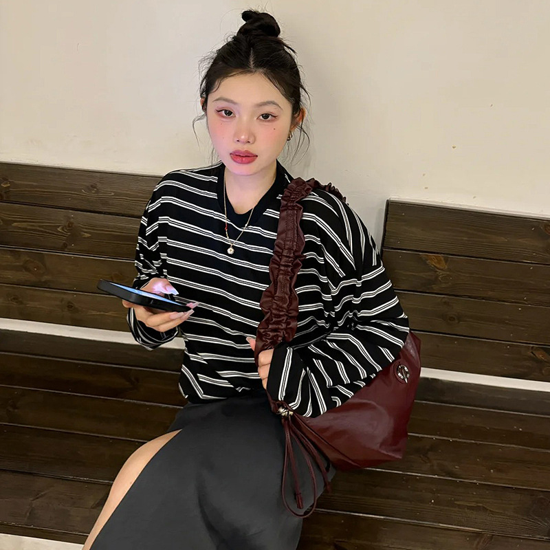 2026 Spring New Striped Breathable Pure Cotton Long-Sleeve T-Shirt Fine-Spun Drop-Shoulder Short Women's Casual Loose Top
