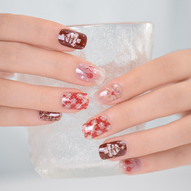 New Christmas Nail Stickers, Waterproof, Fresh and Stylish, Full Coverage Christmas Tree and Heart Semi-Cured Gel Nail Stickers