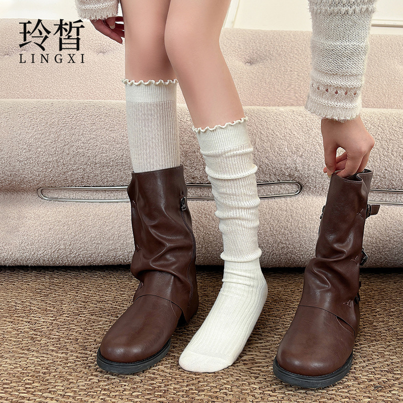 Women's Vintage Ruffled Calf Socks Paired with Long Boots, Knight Boots Socks, Spring and Autumn Lace Long Socks, Thickened Slouch Socks