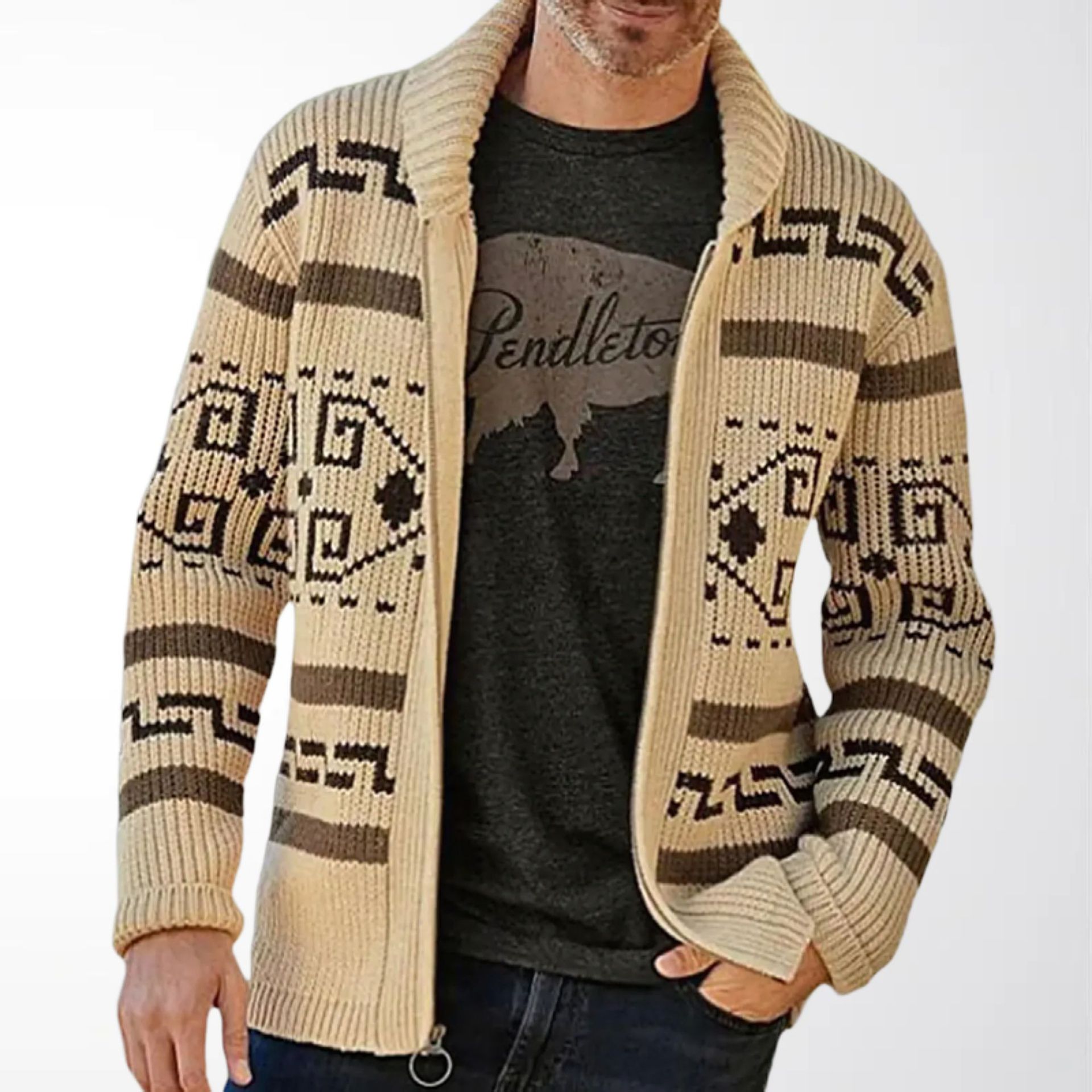 Autumn and Winter Men's Lapel Cardigan Woolen Jacket Long-Sleeved Jacquard Zipper Sweater Men's Wool Cardigan Sy0013